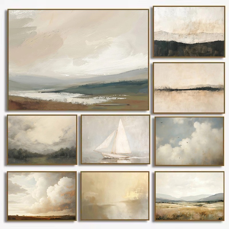 Interior Design Drawing - Abstract Cloudscape Sailboat Coastal Landscape Neutral